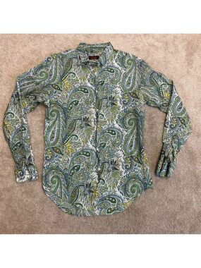 Zara men’s green blue paisley print tropical button down shirt long sleeve Sz L